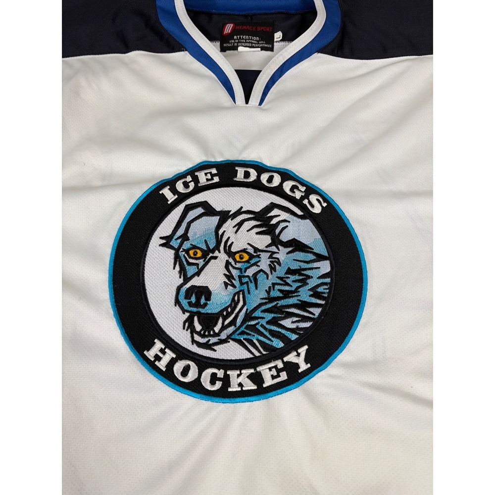 Menace Sport Ice Dogs Hockey Goalie Jersey White Blue Mens Large #40 Embroidered